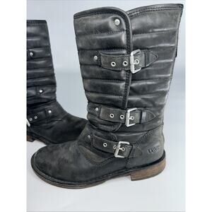 UGG Australia Women's Sz 6 Tatum Black Leather Buckle Moto Riding Boots 1001833